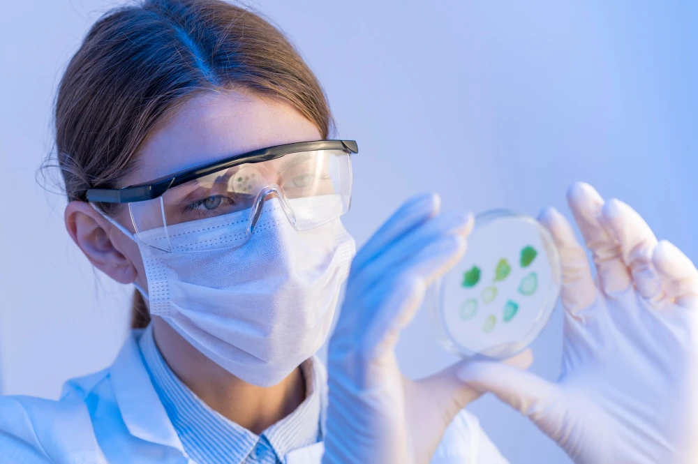 Microbiologiste portant un masque, des lunettes de protection et des gants en train d'analyser une plaque de culture.