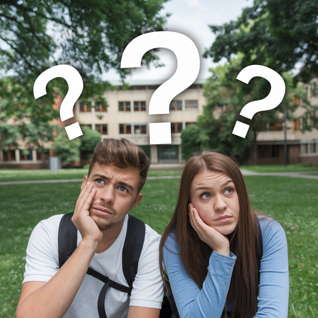 Un étudiant et une étudiantes sont dans un parc en face d'un bâtiment universitaire avec trois points d'interrogation au dessus de leur tête.