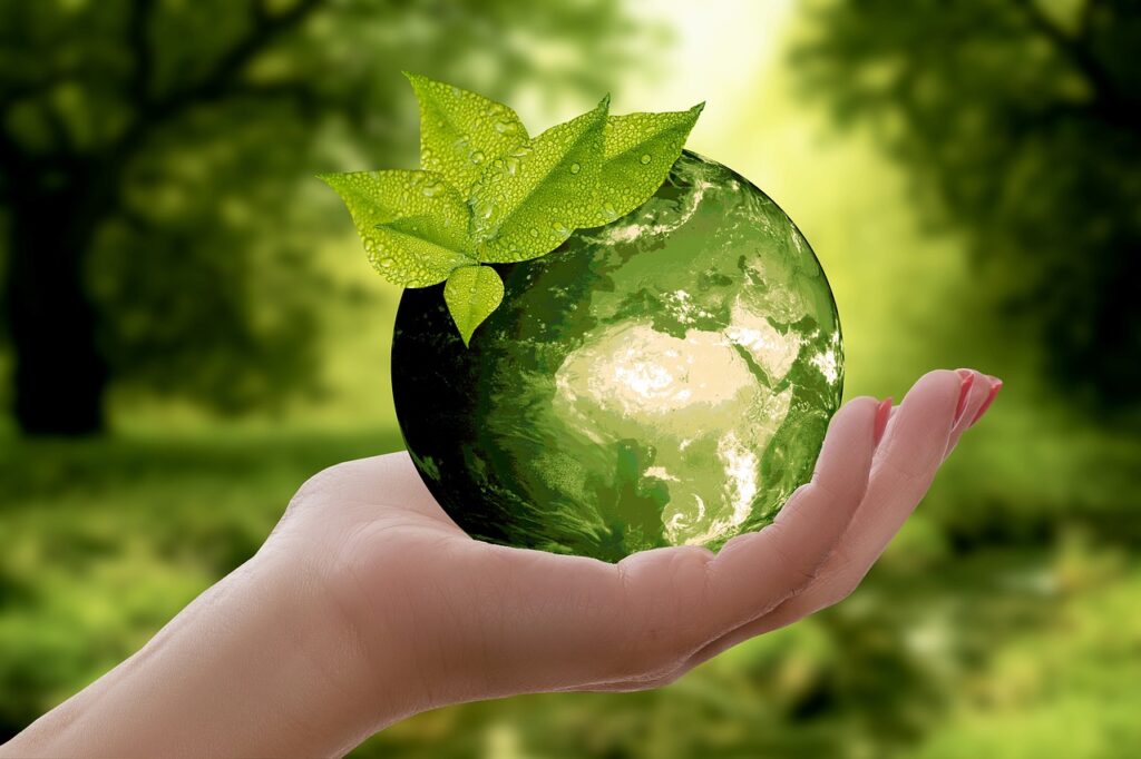 Une main tient la Terre de couleur verte avec un feuillage sur la partie supérieure